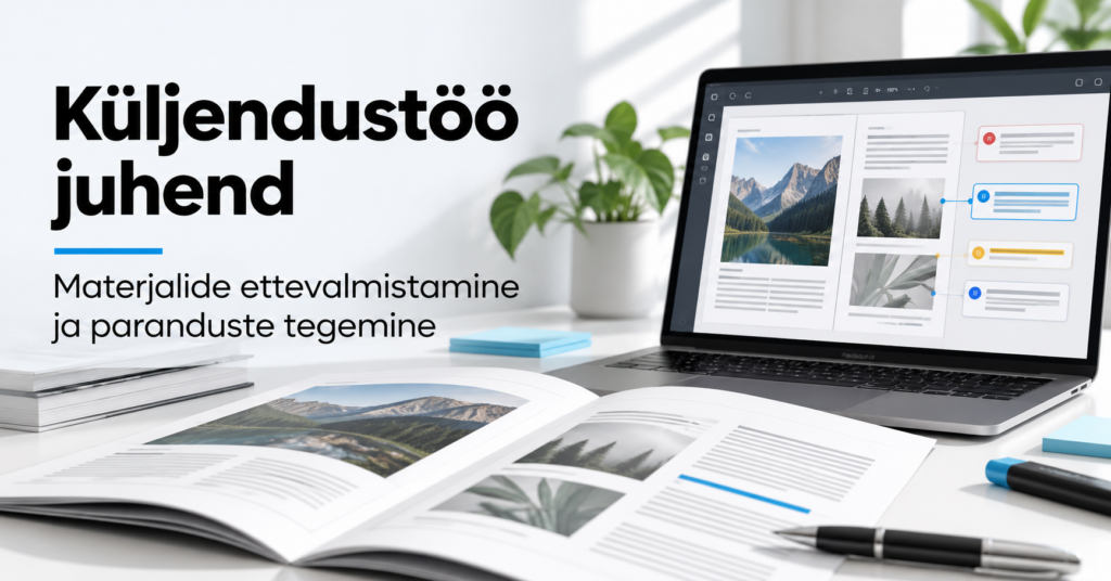 Küljendustöö juhend: avatud raamat ja arvutiekraanil PDF-fail koos parandusmärkustega